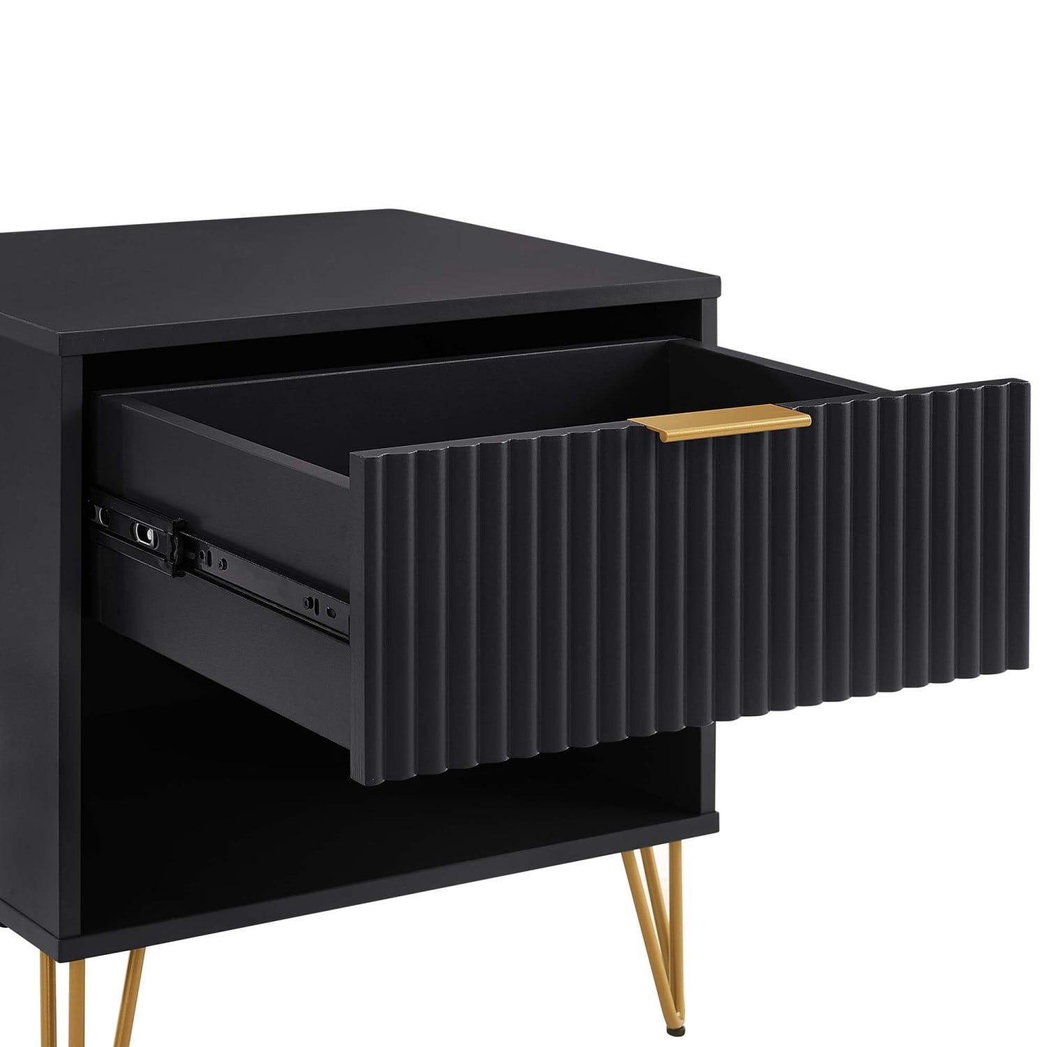 Nightstand, Modern Glam Bedside Table with 1 Drawer, Vertical Ribbed Texture, Gold Handle and Splayed Metal Legs, Storage End Table for Bedroom Living Room, Black