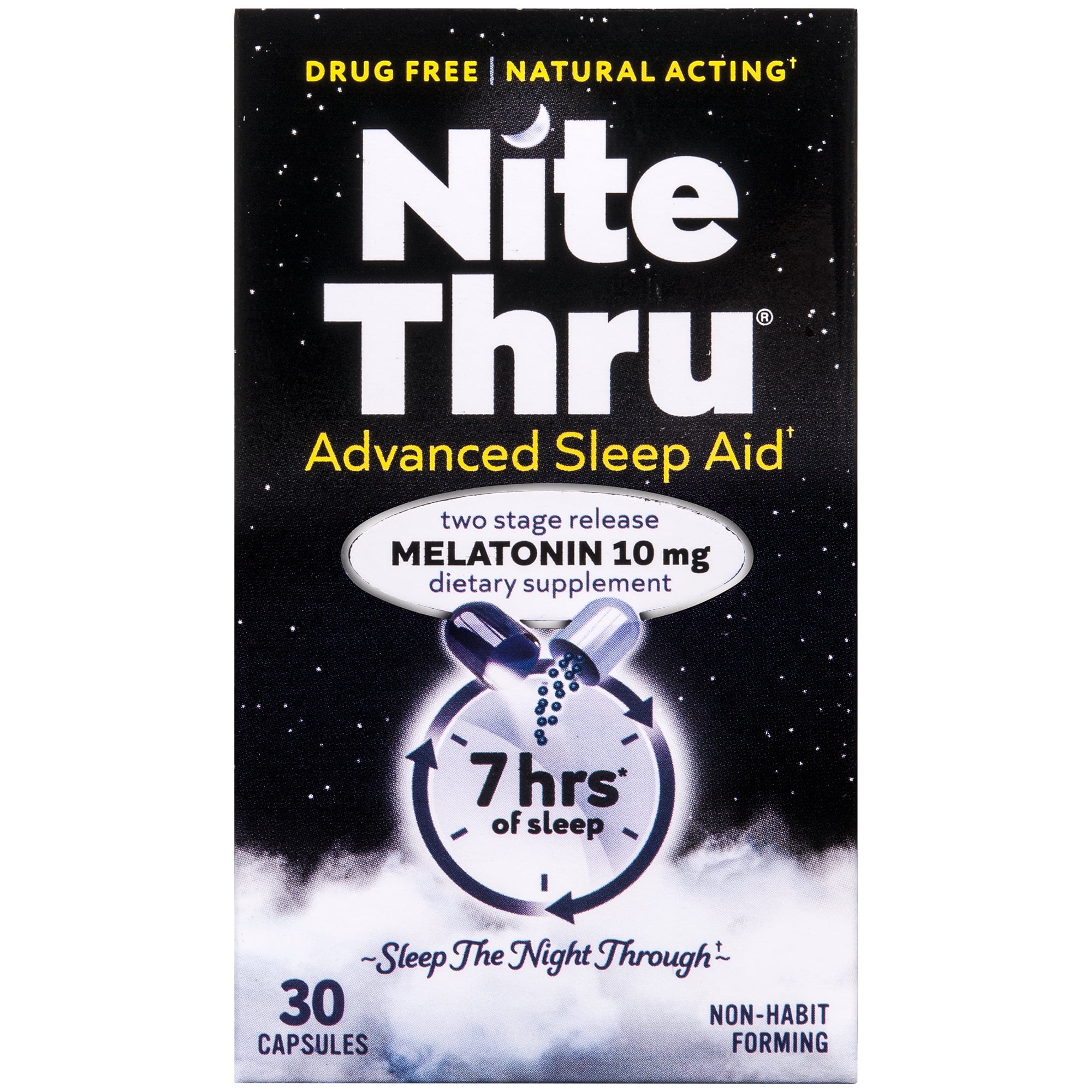 Nite Thru Advanced Sleep Aid Melatonin Dietary Supplement, 60 Capsules (Pack of 2) (Packaging May Vary)