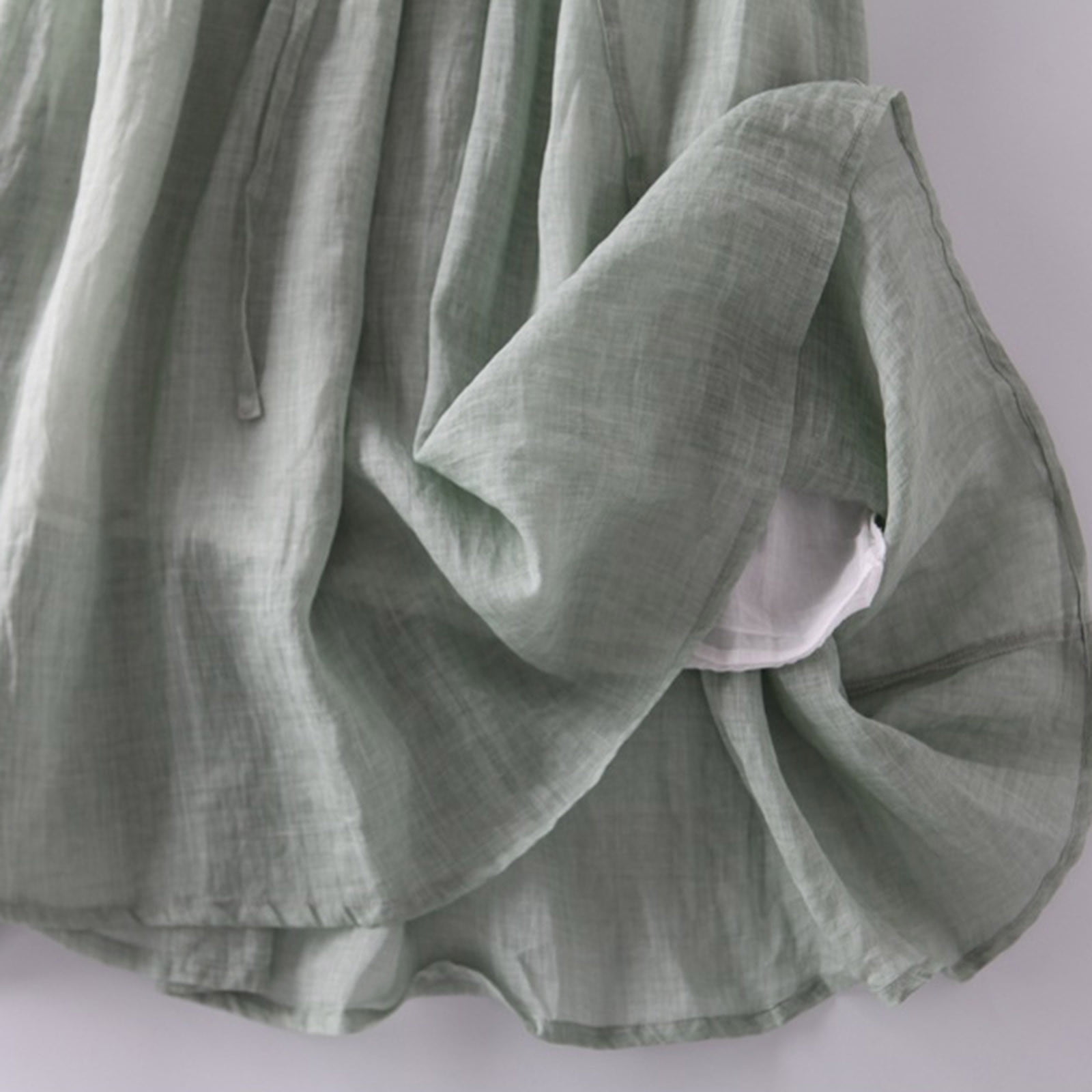 Cotton Linen Sundress for Women Solid Color 3/4 Sleeve Button Maxi Dress Tunic Bow Tie Front Layered Flowy Dresses