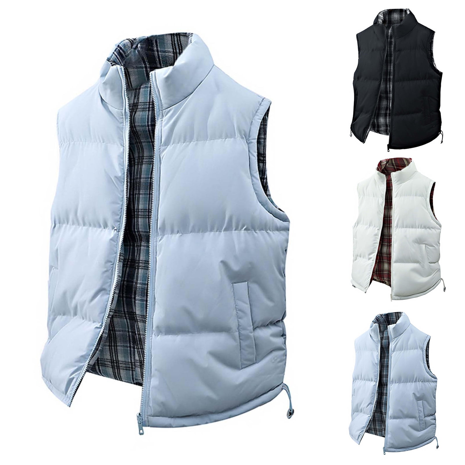 TrdSipl Men's Checkered Double Sided Vest Sleeveless Stand Collar Zip Up Waistcoat Outdoor Thermal Ski Vest for Hiking Travel Golf