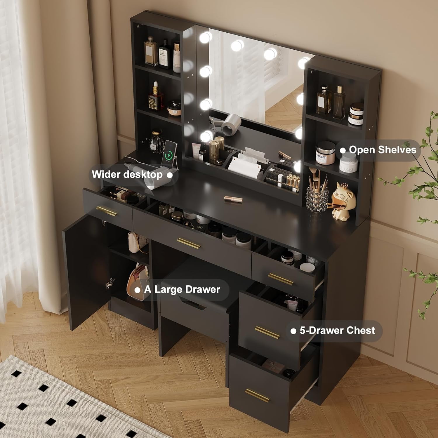 COZONY Vanity Desk with Mirror, Makeup Dressing Table Playset, Charging Station, 6 Open Shelves, 5 Drawers & Cabinet Door, 10 LED Bulbs & 3 Modes, Bedroom, Bathroom, Living Room, Black