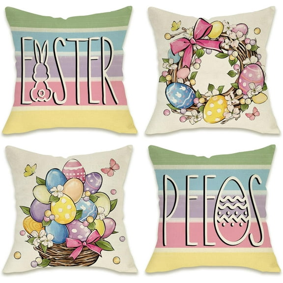 Easter Peeps Eggs Decorative Throw Pillow Covers 18 x 18 Set of 4, Wreath Bunny Rabbit Colorful Stripes Porch Patio Outdoor Pillowcase, Flowers Basket Butterfly Cushion Case Home Decor