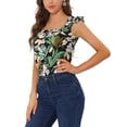thumbnail image 4 of Allegra K Women's Tropical Printed Square Neck Ruffle Tank Top L Black, 4 of 6