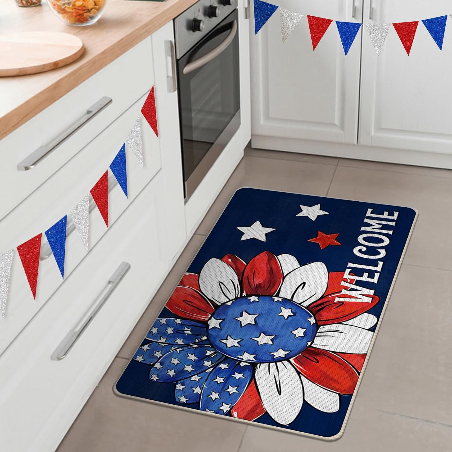 Welcome 4th of July Sunflower Patriotic Decorative Front Door Mat, America Floral Flower Doormat Indoor Outdoor Non-Slip Floor Entryway Rug, USA Stars Blue Home Kitchen Decoration 17x29 Inch
