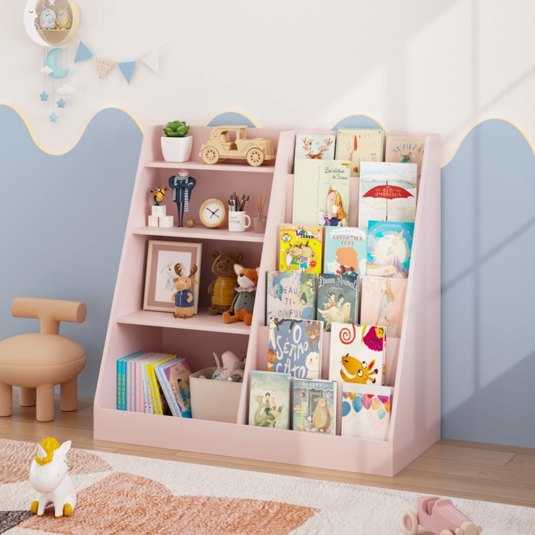 4-Tier Kids Bookshelf and Toy Storage Organizer, Wooden Children's Bookcase with Multi-Level Shelves & Toy Bin, Book Display Stand for Kids Room, Playroom & Nursery, Pink