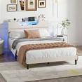 thumbnail image 2 of Satifur Beige Fine Linen Fabric Bed Frame with LED Lights & Charge Station, Queen Size Bed Frame with Upholstered Headboard, No Box Spring Needed, 2 of 10