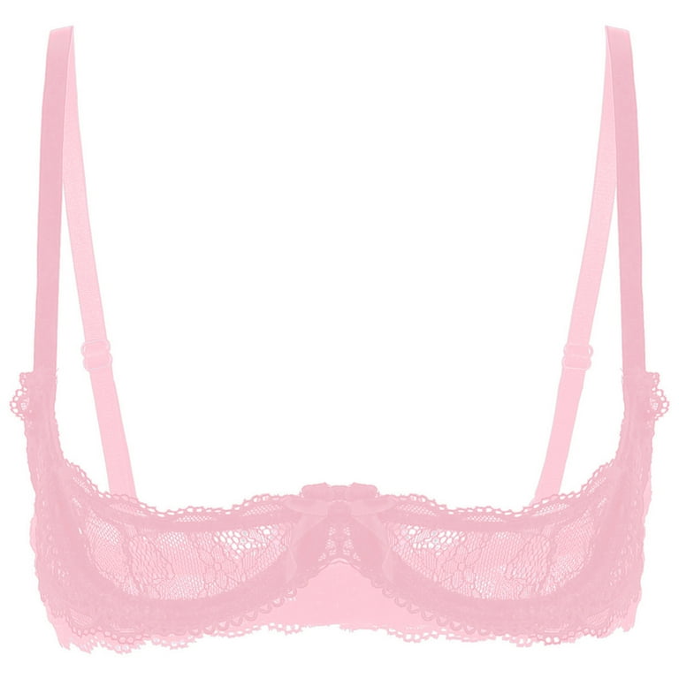 YONGHS Women Lace Sheer Push Up Bra 1/4 Quarter Cup Underwired Bralette  Lingerie Dusty Pink XXL