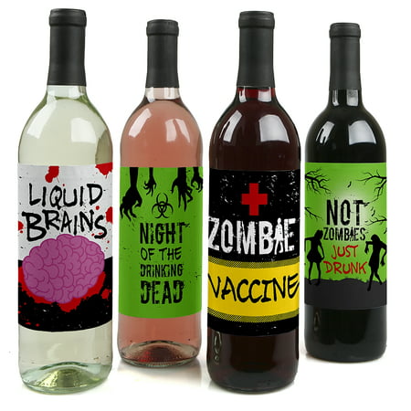Zombie Zone - Halloween or Birthday Zombie Crawl Party Decorations for Women and Men - Wine Bottle Label Stickers - Set