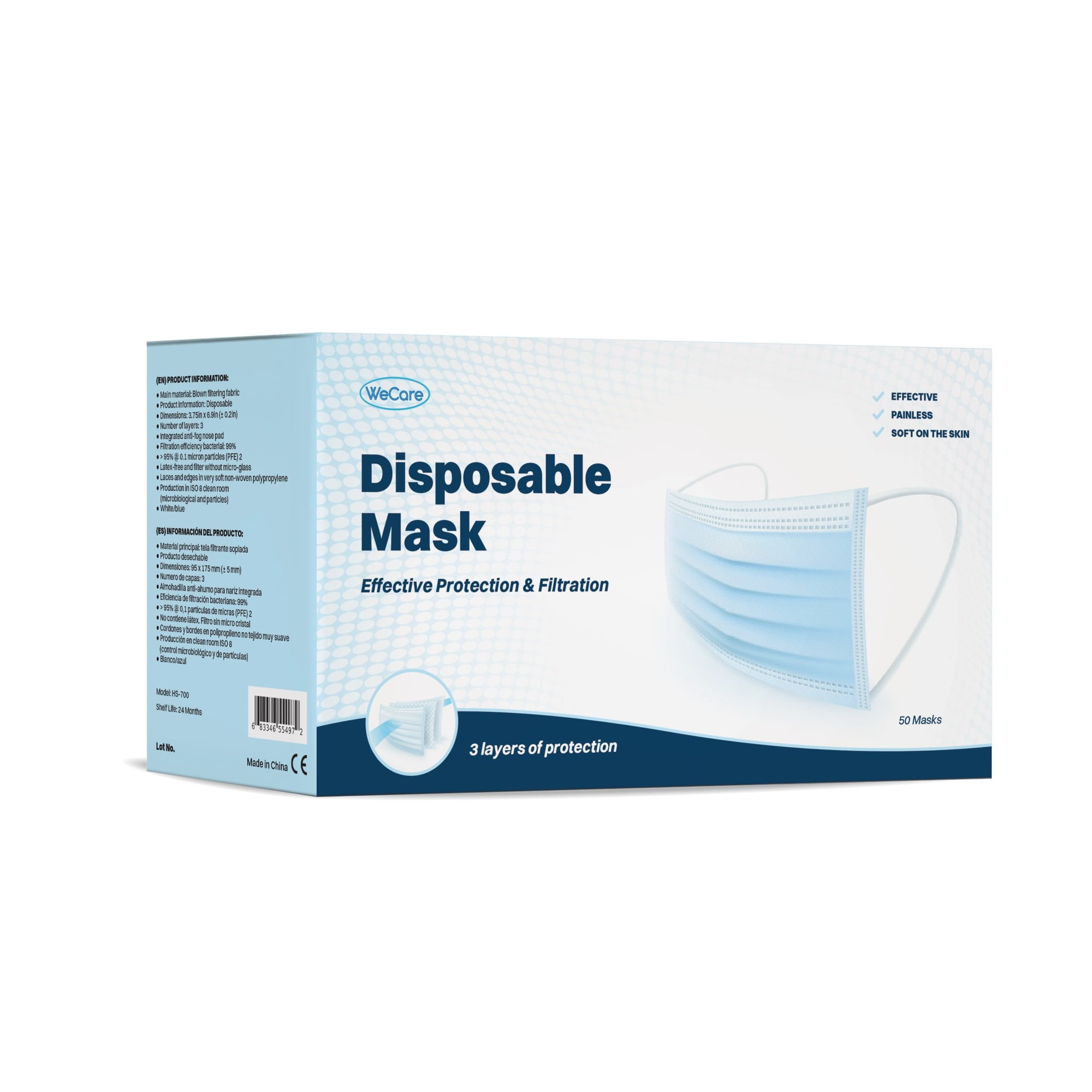 (40 Pack) Disposable Face Masks 3-Ply Individually Wrapped , 50ct - Blue