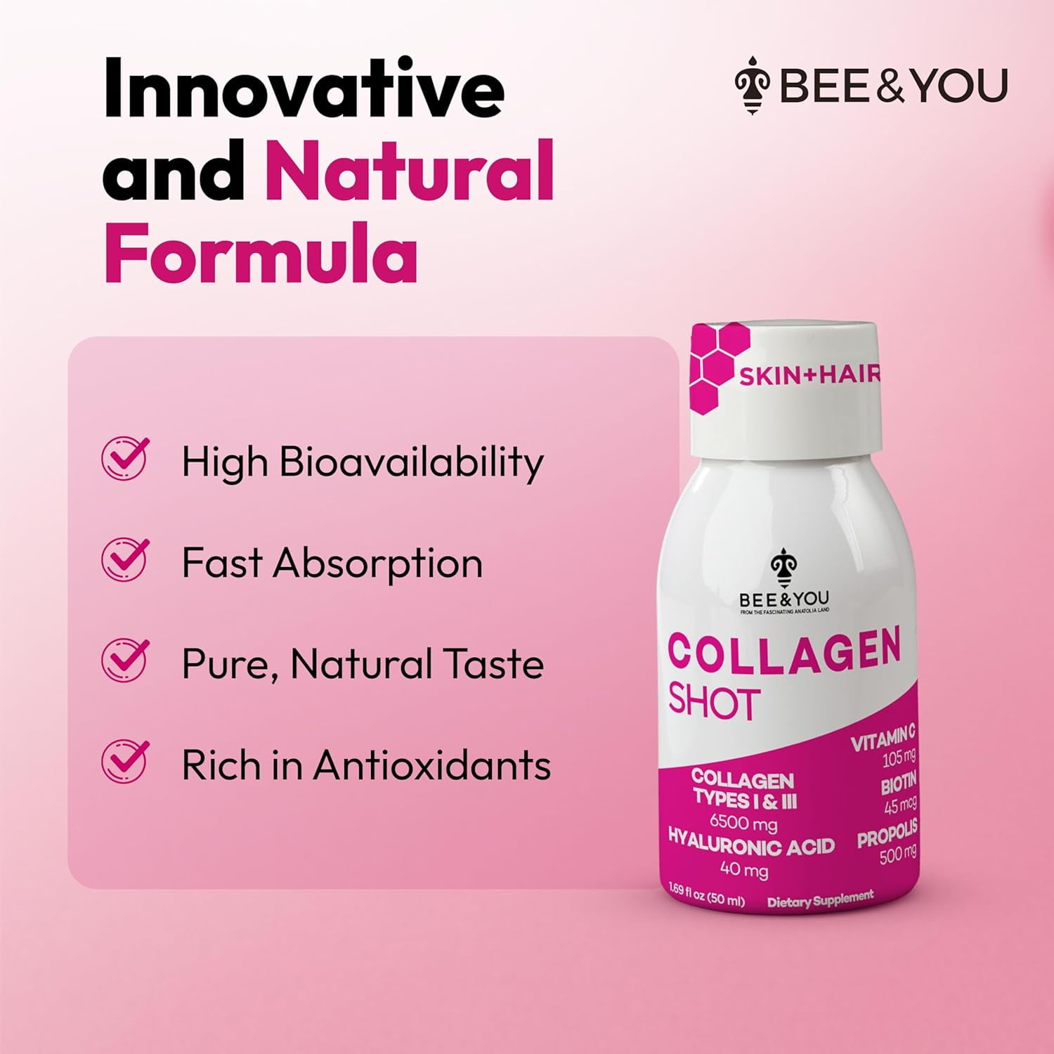 BEE and YOU Collagen Liquid Shot Drink with Vitamin C, Hyaluronic Acid, Biotin - Promotes Skin, Hair, Nail and Joint Health, 1.69 fl. Oz x 12 Bottles