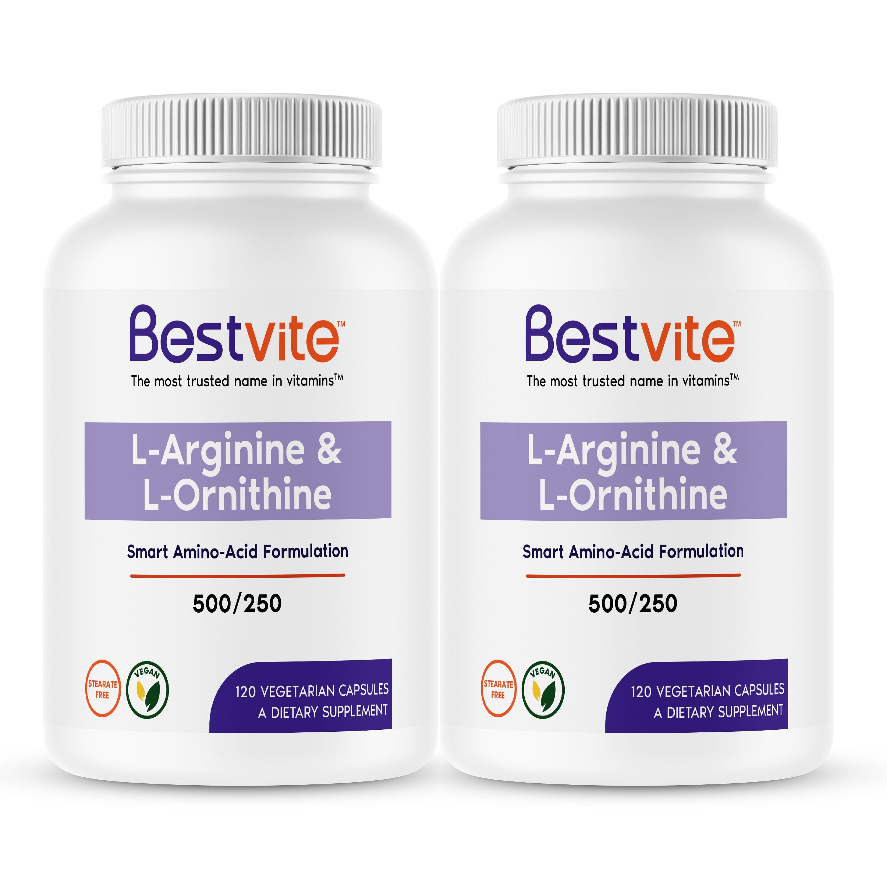 L-Arginine L-Ornithine 500-250 (240 Vegetarian Capsules) (2-Pack) - No Stearates - No Fillers