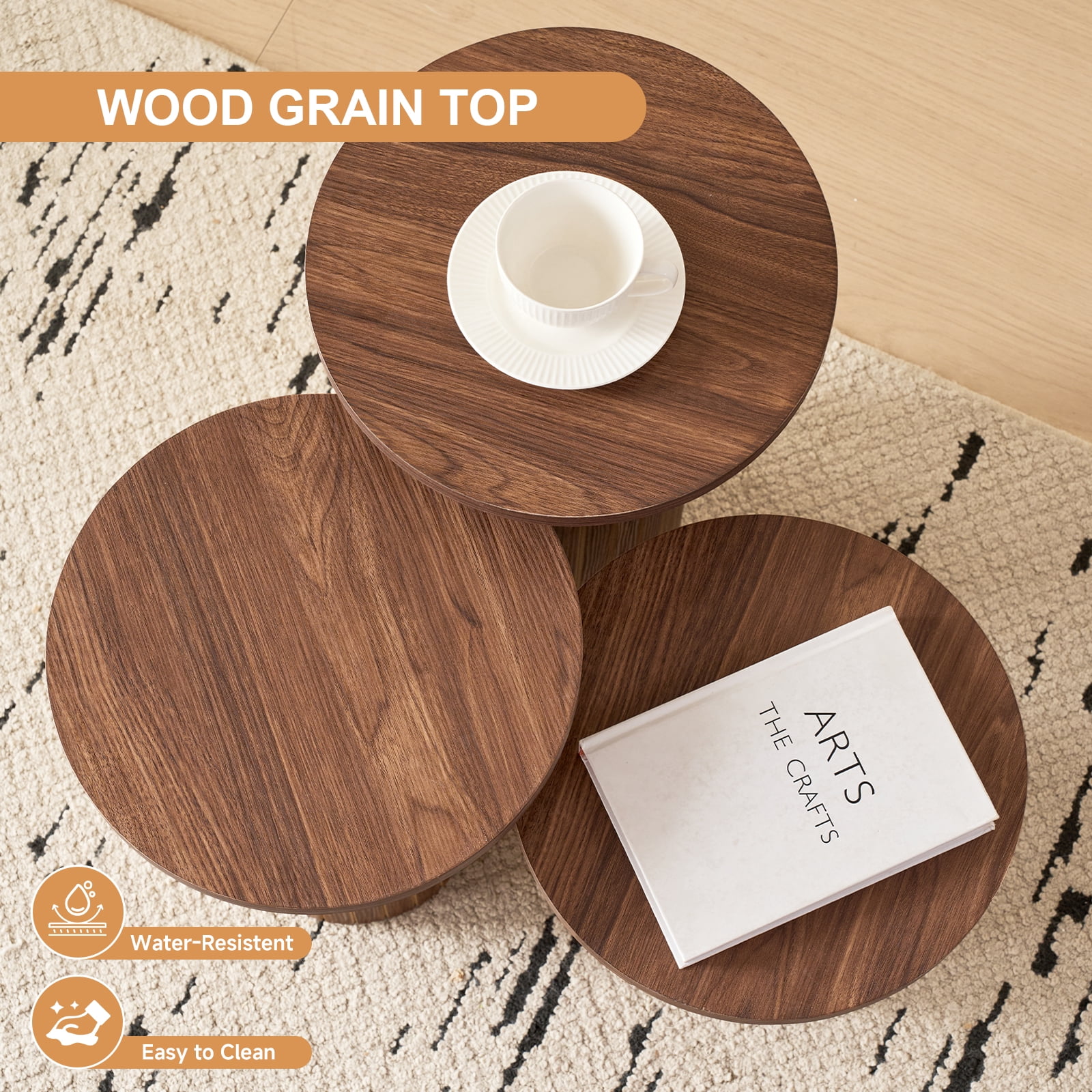 3-Piece Nesting Coffee Table Set, Modern Small Round Wood Side Tables, Fluted Drum Base, for Living Room, Bedroom, Apartment, Small Space, Sofa, Brown