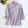 thumbnail image 4 of Clearance! Hassda Women's Casual Large Size Literary Cotton Long Sleeved Shirt Loose Embroidered Top Linen Shirts for Women Tops for Women Trendy Purple L, 4 of 5