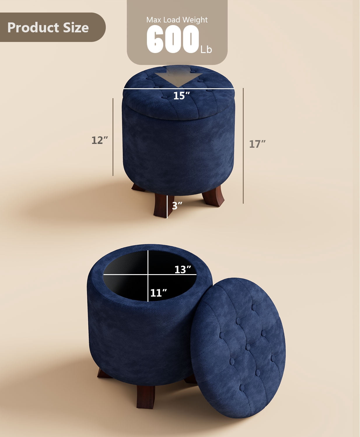 OSM Ottoman,Round Foot Rest Stool, Upholstered Small Ottoman Chair with Storage for Living Room & Bedroom, Decorative Home Furniture, Navy Blue