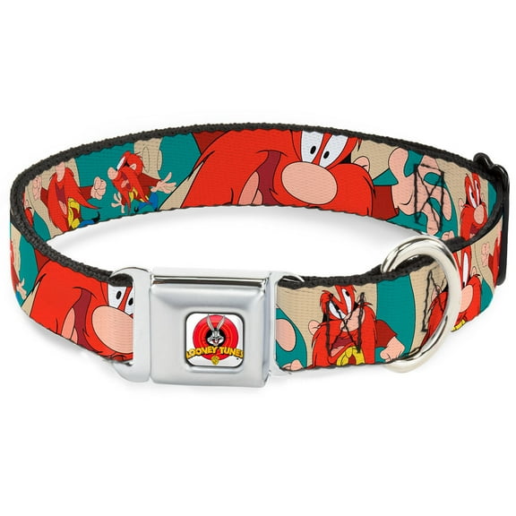 Looney Tunes Pet Collar, Dog Collar Metal Seatbelt Buckle, Yosemite Sam Poses Turquoise, 11 to 16.5 Inches 1.0 Inch Wide