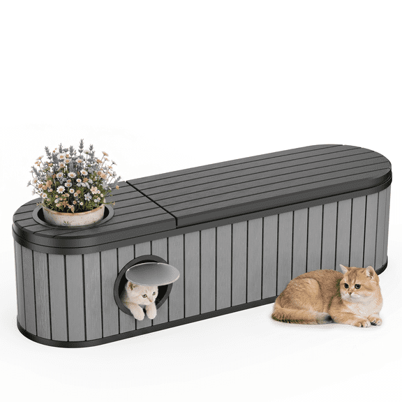 PLAYRANK 2-in-1 Garden Cat House with Built-in Flower Planter, Weather Resistant Enclosed Outdoor Stray Cat Shelter for Patio Yard,Black/Gray.