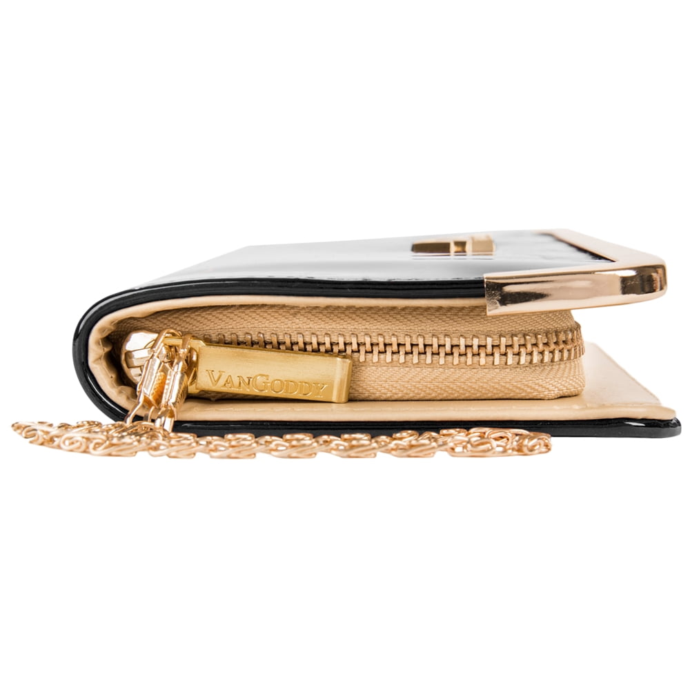 Women's Black Striped Patent Leather Wallet with Card Holder Organizers and Convertible Golden Chain Wristlet