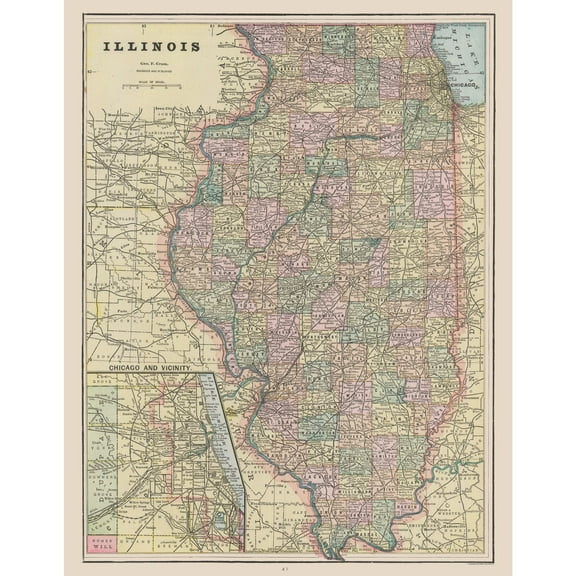 Historic State Map - Illinois - Cram 1892 - 23 x 29.54 - Vintage Wall Art