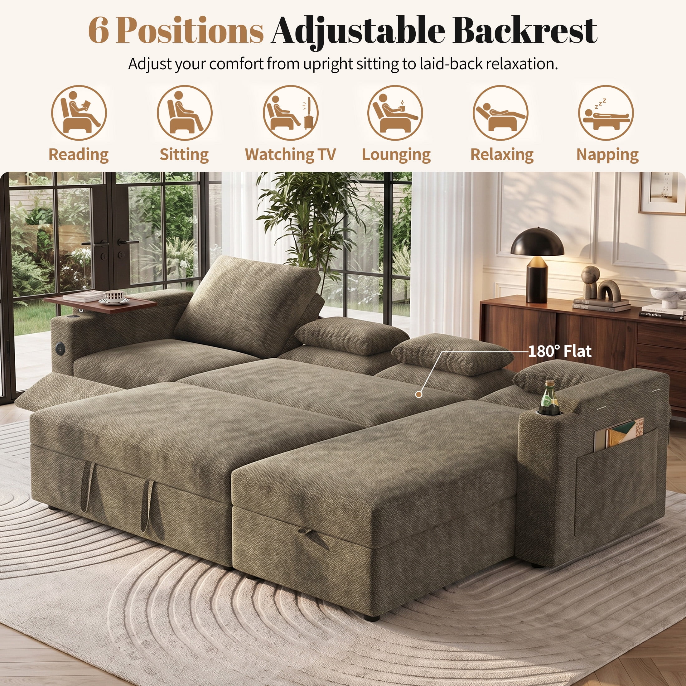 Aenkyo 108" L-Shaped Sectional Sleeper Sofa with Pull Out Bed, Recliner and Storage Chaise, Khaki