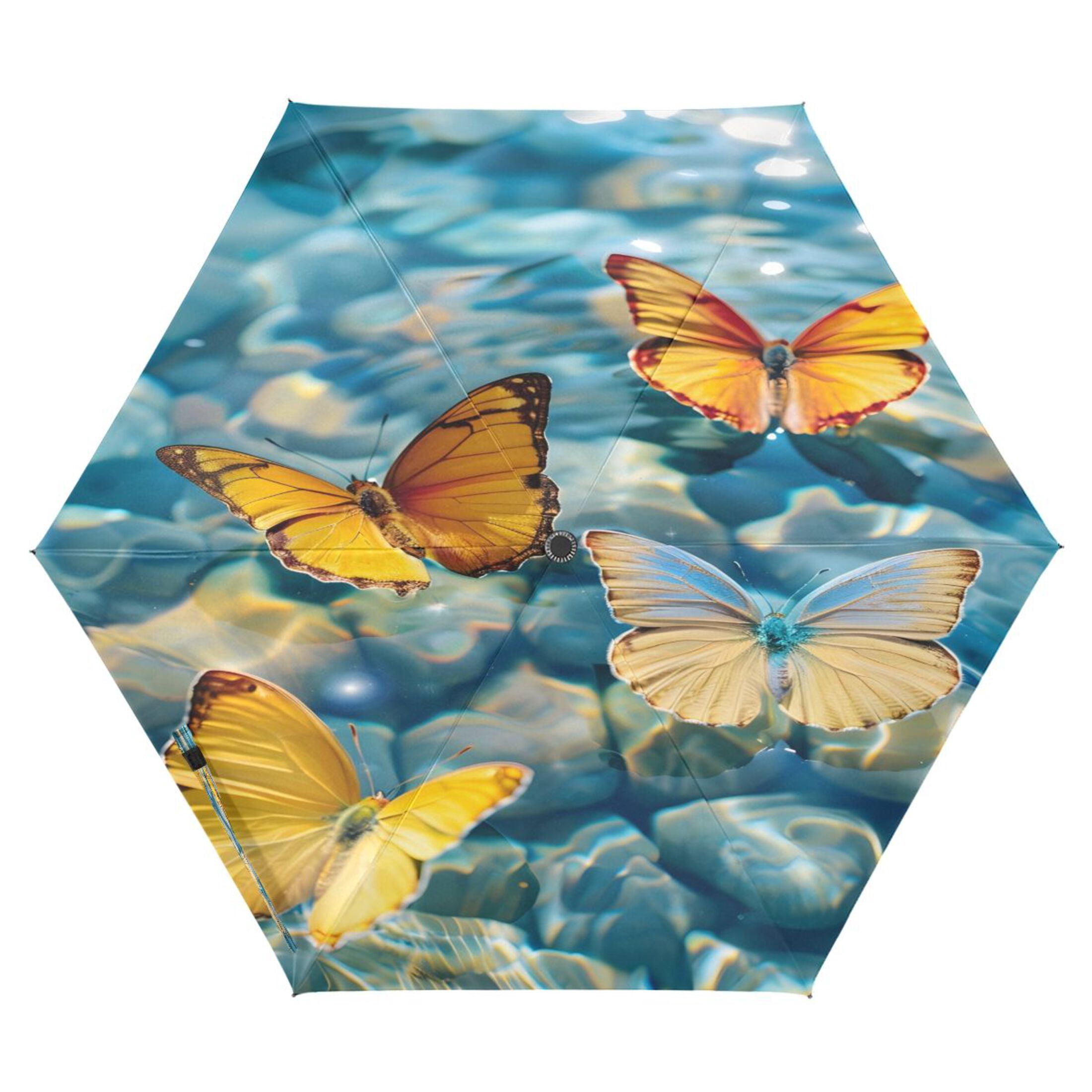 Butterflies on Clear Water Compact Sun Umbrella Windproof Travel Umbrellas for Rain Strong Portable UV Protection