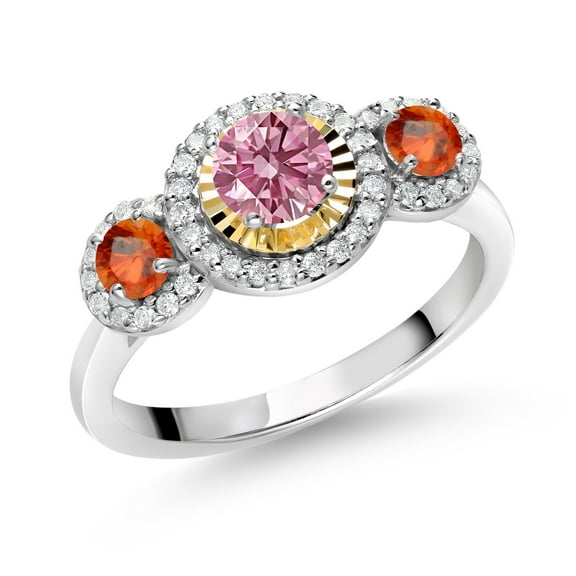 Gem Stone King 0.89 Ct Pink Lab Grown Diamond Orange Sapphire 925 Silver and 10K Yellow Gold 3 Stone Women Engagement Ring (Size 6)