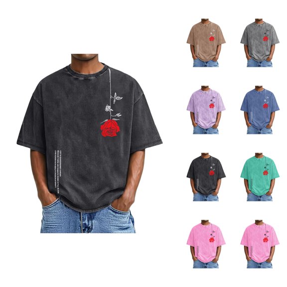 Washed Vintage T Shirts for Men 2026 Summer Casual Short Sleeve Crewneck Rose Flower Graphic Tees