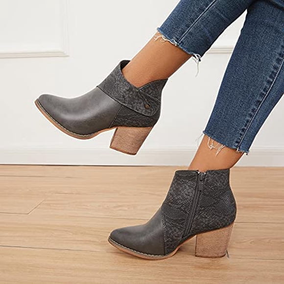 Women's Leather Patchwork Thick Heel High Heel Zipper Pointed Snake Ankle Boots