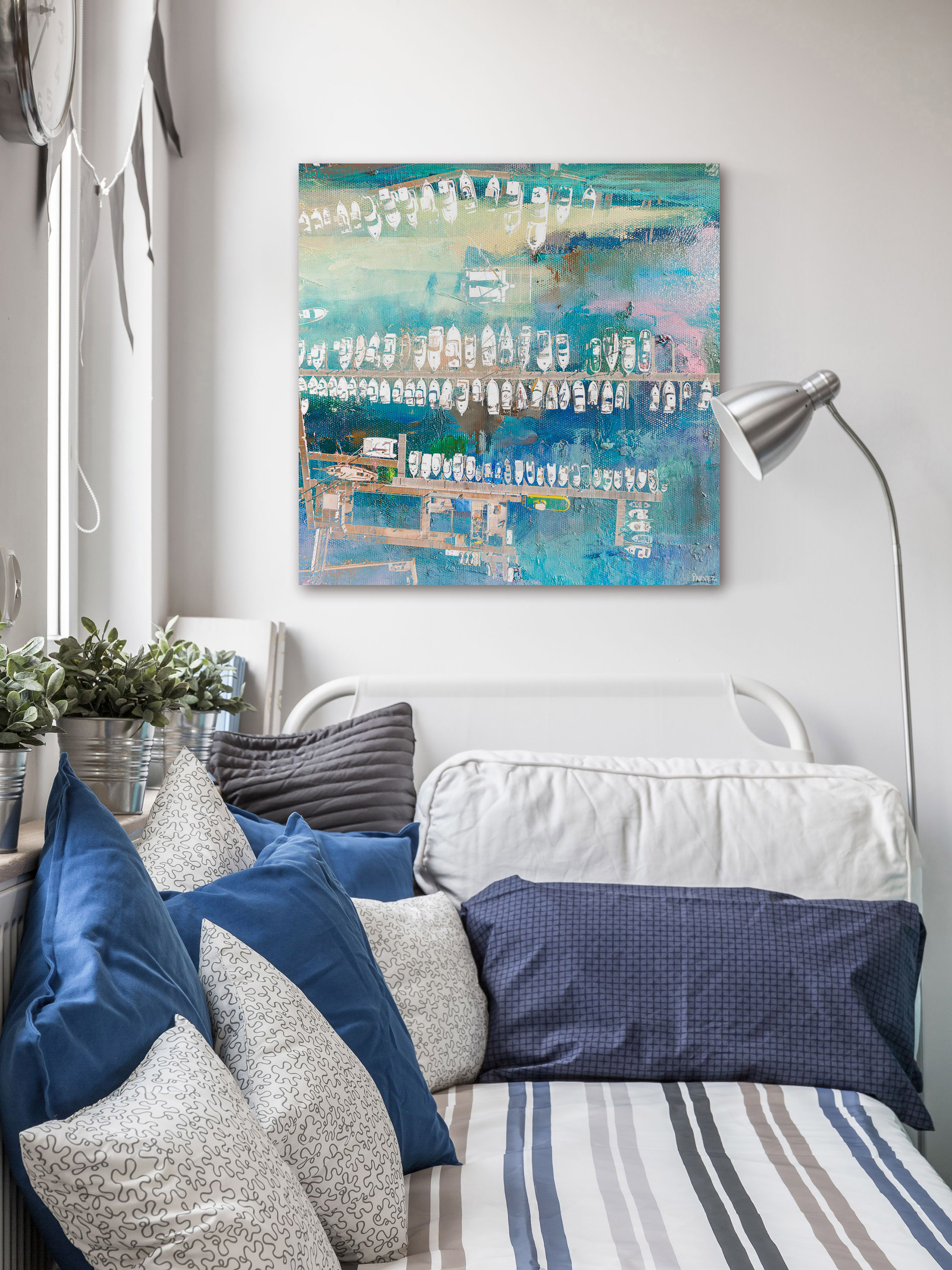 "Docked White Boats" Painting Print on Wrapped Canvas