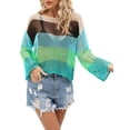 thumbnail image 3 of Blotona Women Knit T-shirt, Long Sleeve Crew Neck Hollowed Contrast Color Summer Cover-up Pullover, 3 of 9