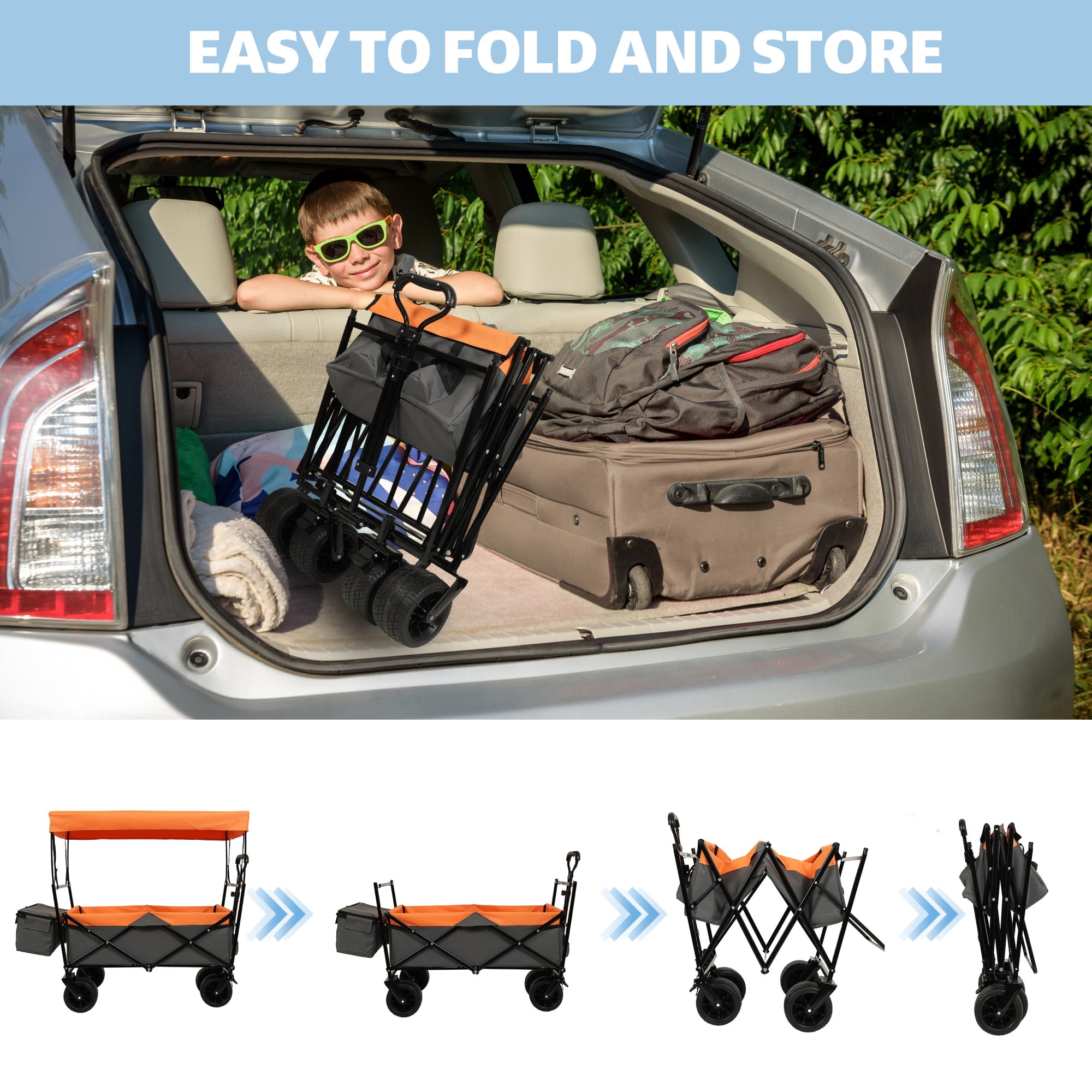 480Lbs Collapsible Wagon With Canopy,Wagon Stroller With 7" All-Terrain Wheels, Lightweight Foldable Wagon, Large Capacity For Camping, Shopping, Sports, And Garden Use,orange With Mosquito Net