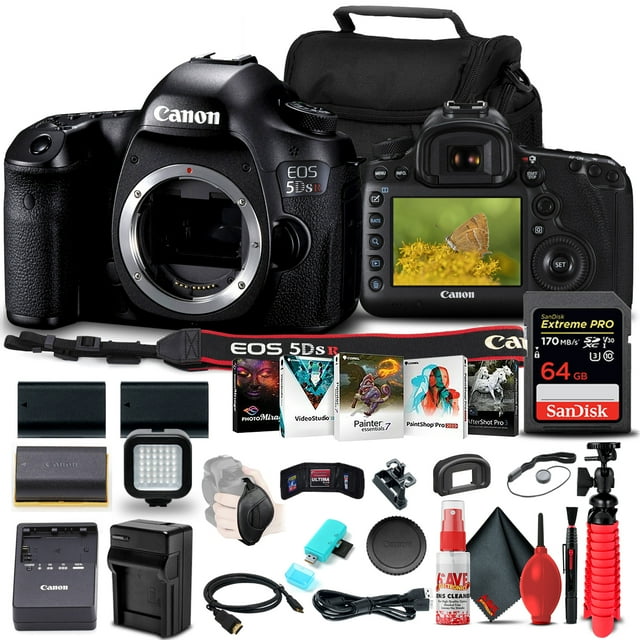 Canon EOS 5DS R DSLR Camera (Body Only) (0582C002) + 64GB Memory Card + 2 x LPE6 Battery + External Charger + Card Reader + LED Light + Corel Photo Software + Case + Flex Tripod + HDMI Cable + More