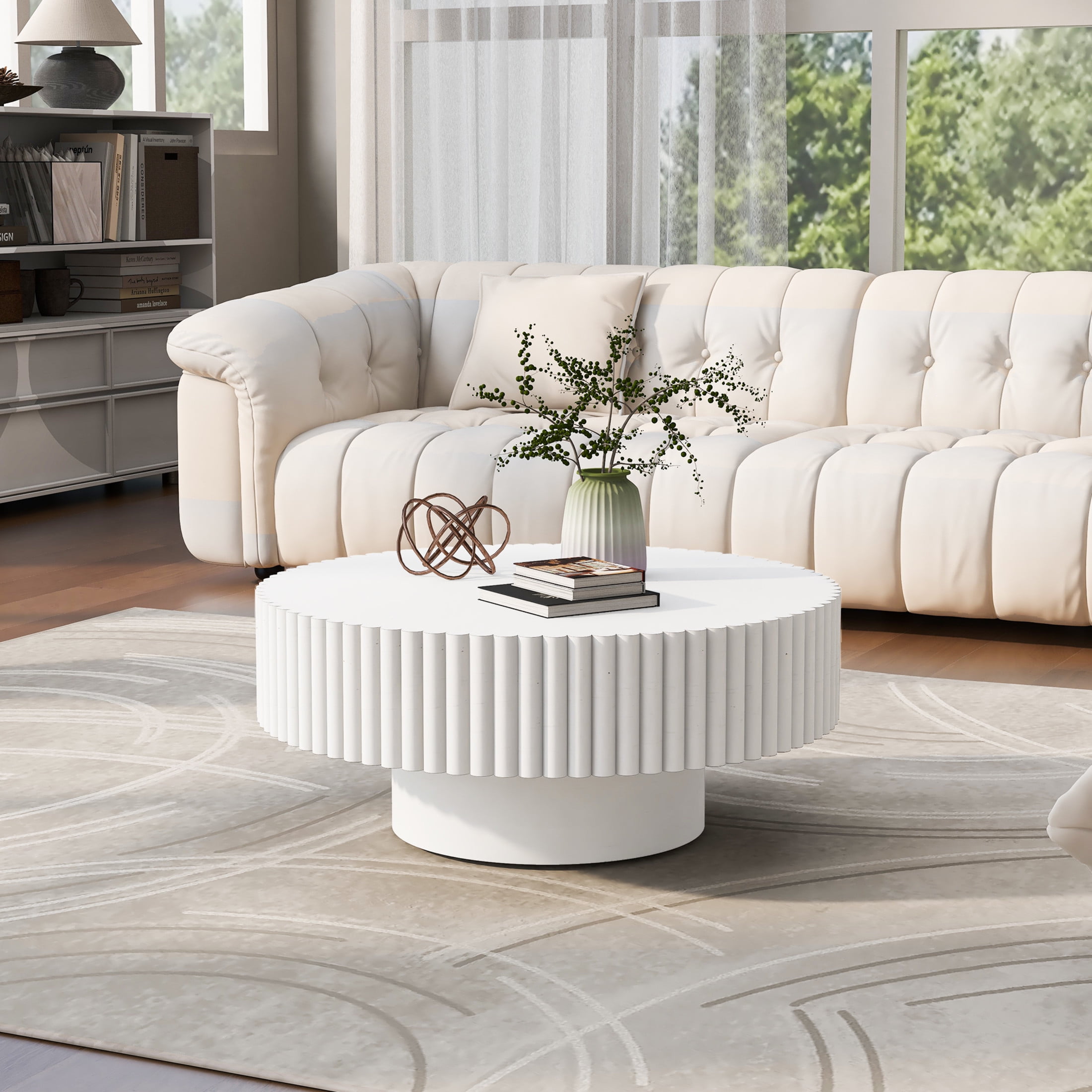 Noble House 31.5" Round Fluted Drum Coffee Table, Solid Wood Modern Center Table for Living Room, Retro White