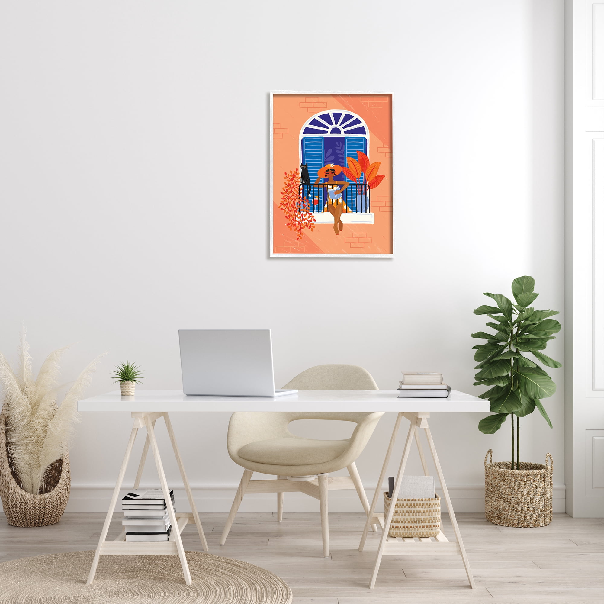 Stupell Industries Woman Reading Balcony Perched Cat Tropical Plants, 24 x 30, Designed by Make Much Studios