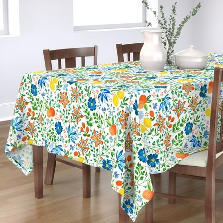 

Cotton Sateen Tablecloth 70 x 120 - Botanical White Green Blue Lemons Oranges Print Custom Table Linens by Spoonflower