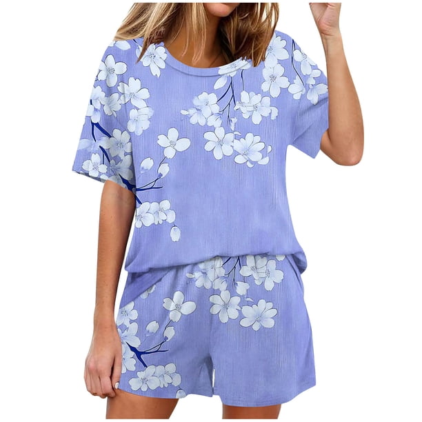 Conjunto de Pijama de las Mujeres de Moda Casual Color Sólido Casa Manga Corta Cuello Redondo Superior Y Pantalones, Ropa de Salón