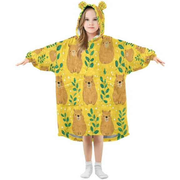 Wearable Blanket with Sleeves and Pocket Oversized Hooded Sweatshirt 3-14 YR Capybara and Green Leaves S
