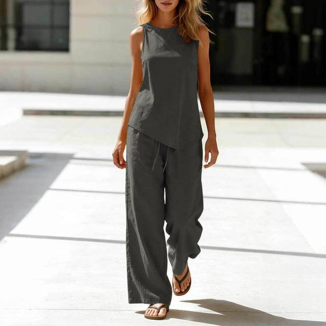 Neewe Two Piece Sets for Women Summer Outfits Lounge Cotton Linen Sets Round Neck Tops Wide Leg Long Pants Daily Outfits