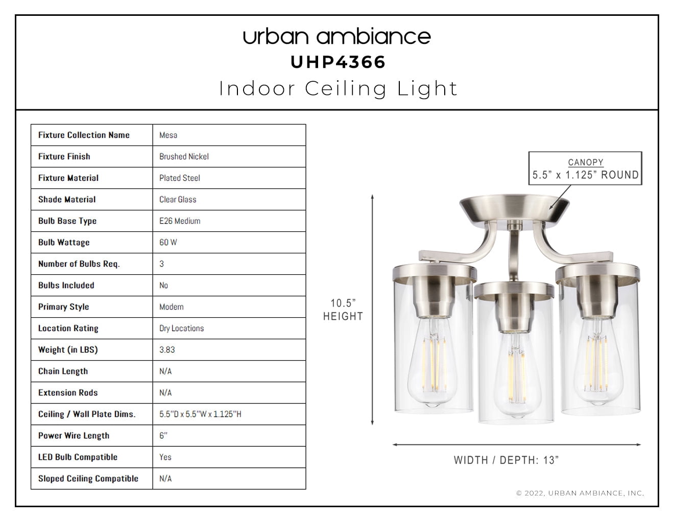 Luxury Contemporary Ceiling Light, 10.5H x 13W, with Modern Style, Brushed Nickel, UHP4366 by Urban Ambiance