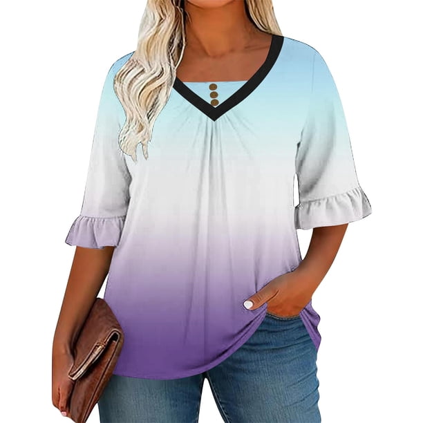 Camiseta de Manga Corta de Manga Larga de Manga Corta de las Mujeres Impresa con Cuello en V con Manga en el Pecho Plisada