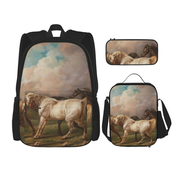 Easygdp Three Horses Oil Painting Mochila para Niños y Niñas con Set de Caja de Almuerzo y Estuche para Lápices 3 en 1, Mochila Escolar Estampada para Adolescentes