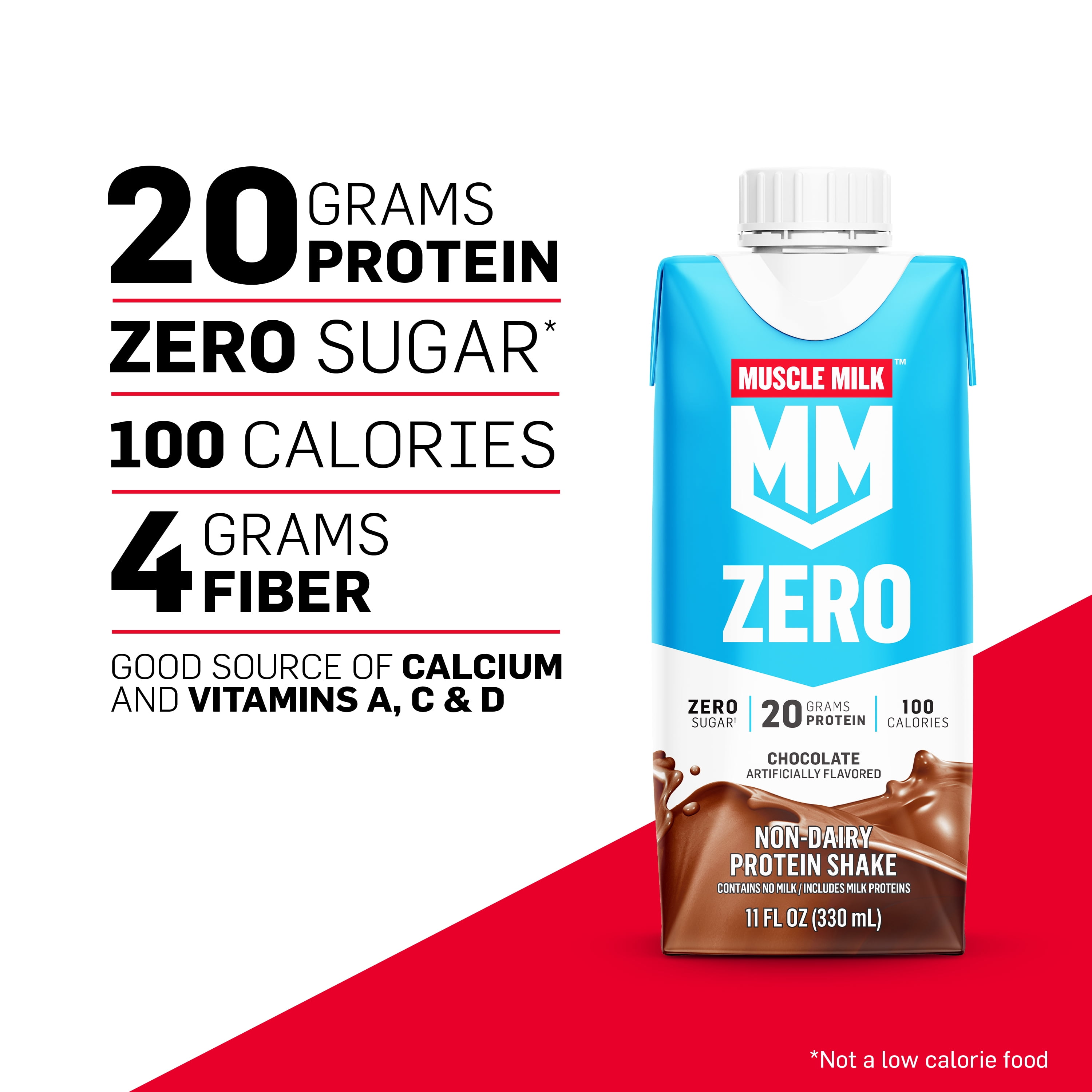 Muscle Milk Zero Protein Shake, Chocolate, 11.16 fl oz Bottle, 4 Pack