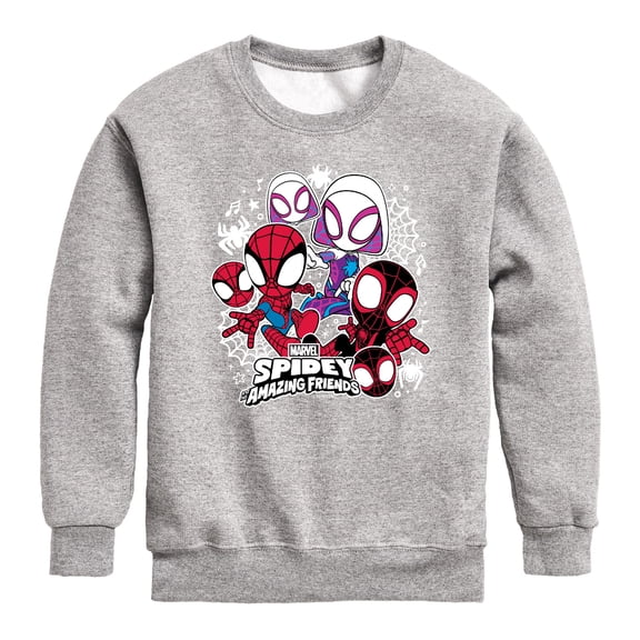 Spiderman - Spidey Friends Stickers - Youth Boys Crew Fleece Sweatshirt