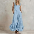 thumbnail image 2 of Women's Cotton‑Linen Spaghetti Strap Wide‑Leg Jumpsuit Sleeveless Square Neck Ruffle Hem One‑Piece Pants with Side Pockets Light Blue M(M), 2 of 6