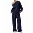 thumbnail image 3 of Women'S 2 Piece Outfits Off the Shoulder Crop Top Wide Leg Sweatpants Matching Lounge Sets S, 3 of 8