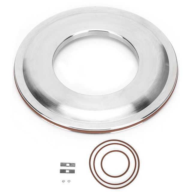 kit de reconstrucción de pistón de polea de transmisión cvt jf015e re0f11a apto para nissan almeravehiclepartsandaccessories Vista cenital del kit: anillo disco de aleación de aluminio pulido con borde de goma y tres juntas toroidales de caucho; junto a dos espaciadores metálicos y dos pasadores pequeños. Especificación OE JF015E RE0F11A, compatible con múltiples modelos Nissan y vehículos relacionados; adecuado para reconstrucción de poleas CVT en talleres.