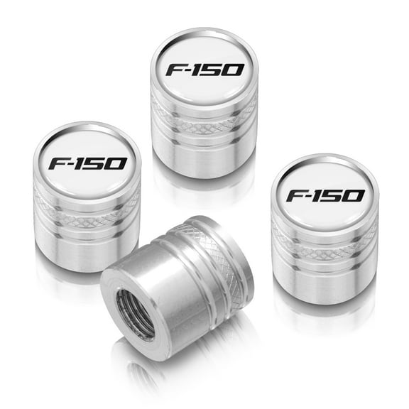 Ford F-150 White on Silver Cylinder-Style Premium Anodized Aluminum Tire Valve Stem Caps - Set of 4