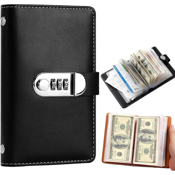 Money Saving Binder with Password Lock, 100 Envelope Savings Challenge Book, Cash Envelopes Card Slots, Portable Leather Budget Organizer for Savings Goals