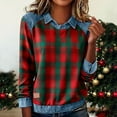 thumbnail image 3 of qolati Christmas Shirts for Women Casual Lapel Denim Stitching Plaid Print Xmas Holidays Tops Santa Claus Graphic Pullover Sweatshirt, 3 of 5