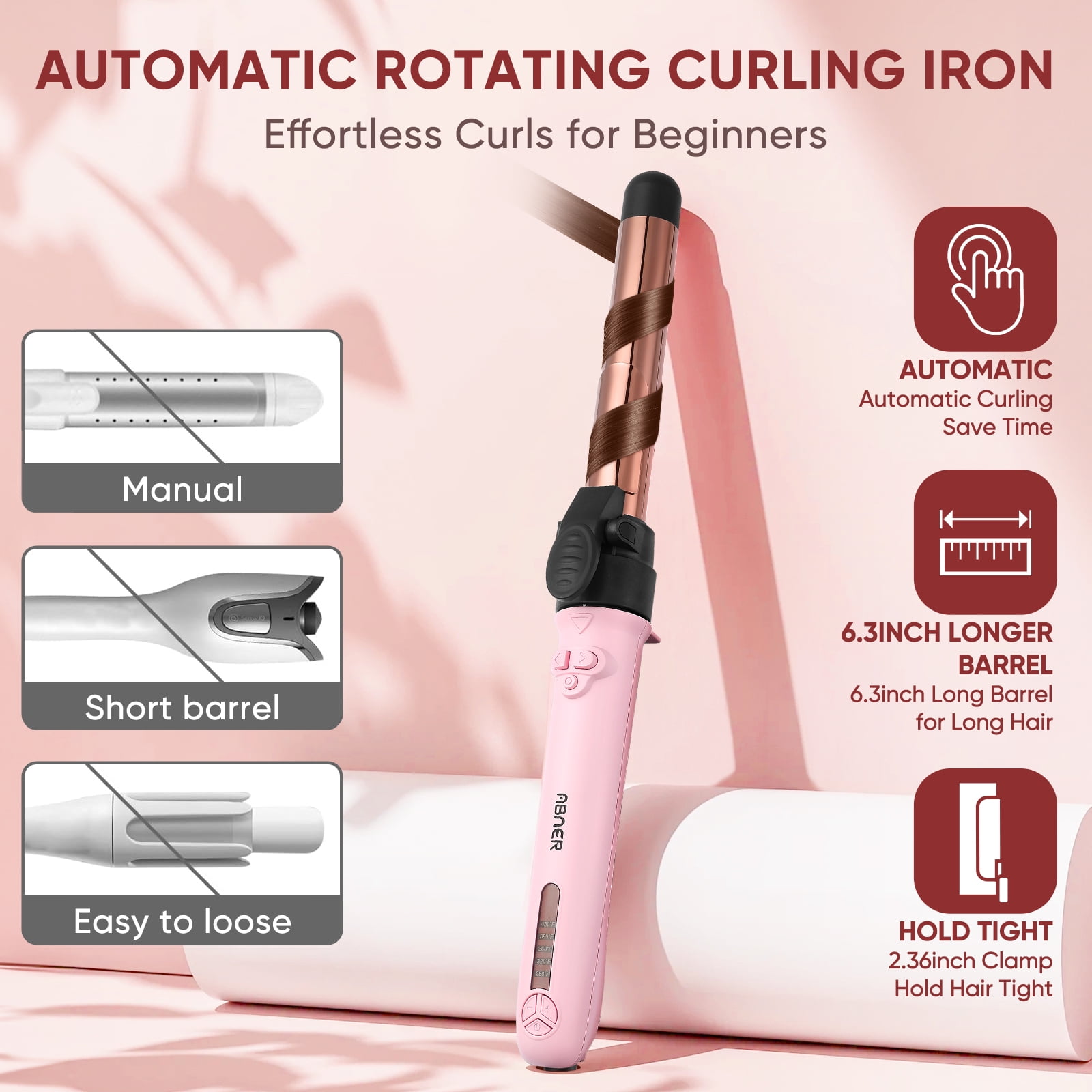ABNER Rotating Curling Iron Set for Long Hair, Automatic Hair Curler with 3 Sizes Ceramic Barrel 0.75" 1" 1.25" to 430°F with Home Button, Dual Voltage