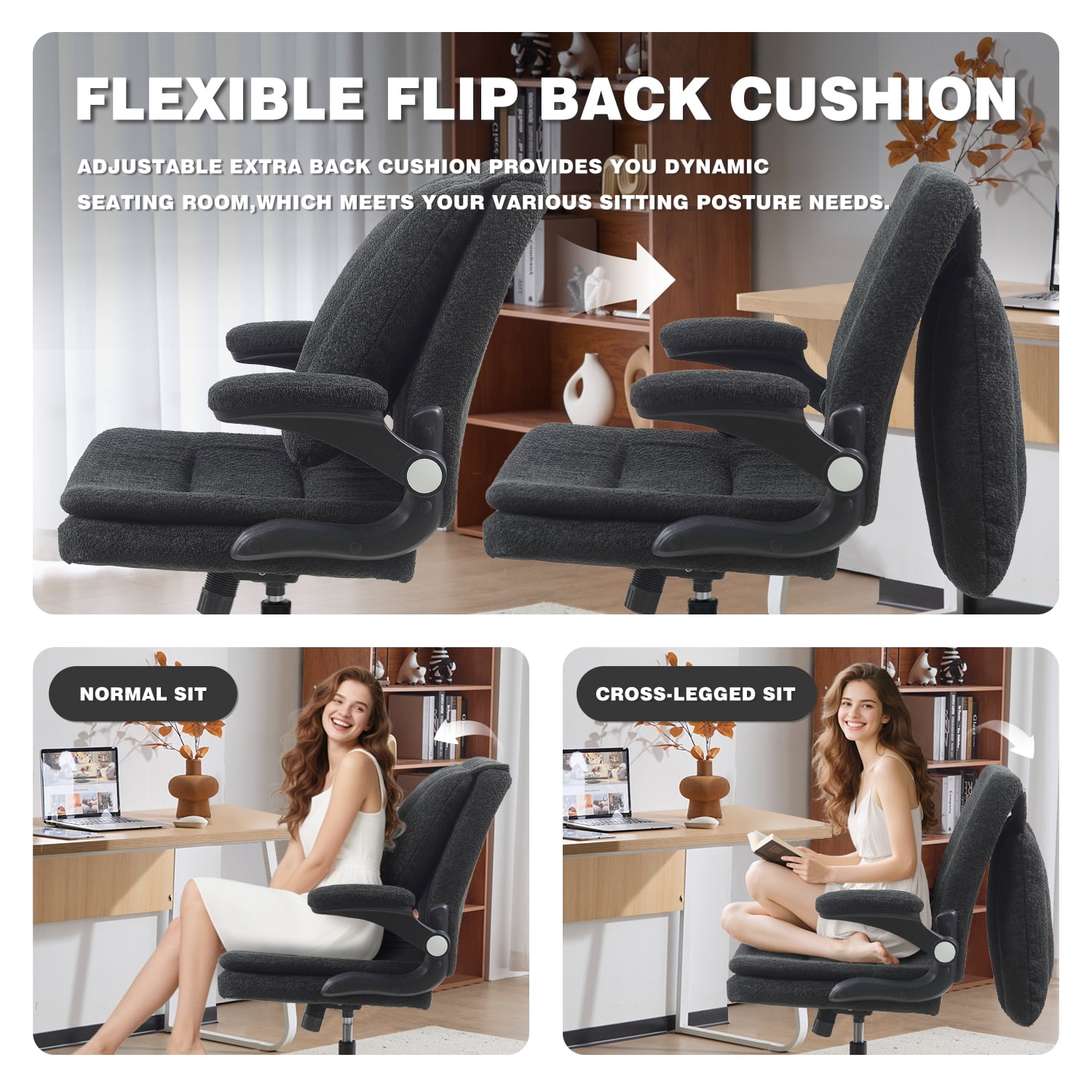 Wide Criss Cross Chair with Flip Up Back Cushion and Arms, Ergonomic Cross Legged Office Chair with Dynamic Lumbar Support, Upholstered Swivel Rolling Vanity Chair for Customized Comfort
